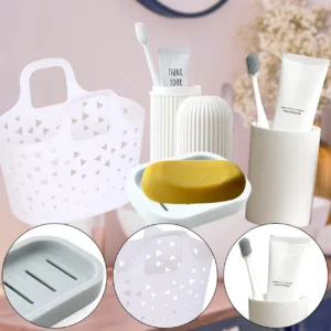 Kit de Higiene 4 em 1 para Banheiro — Porta Escova, Copo, Saboneteira e Cesta Organizadora com Design Moderno e Funcional