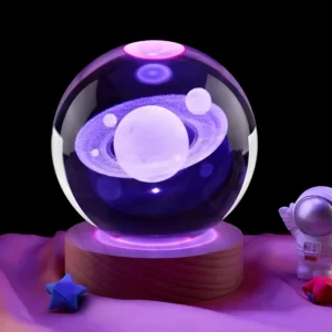 Luminária Bola de Cristal Galáxia 3D – LED com Base de Madeira, Sistema Solar e Efeito Planeta